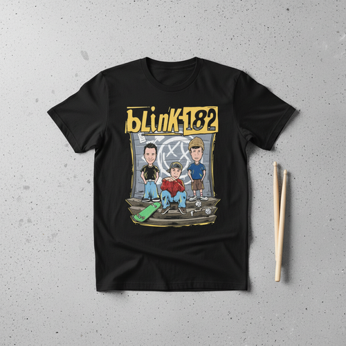 Blink-182 Cartoon preta no chão com baquetas