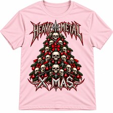T-shirt rosa Heavy Metal Xmas com árvore de Natal formada por caveiras.