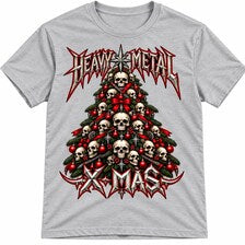 T-shirt cinzenta Heavy Metal Xmas com árvore de Natal formada por caveiras.