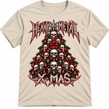 T-shirt bege Heavy Metal Xmas com árvore de Natal formada por caveiras.
