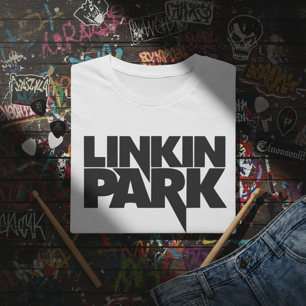 Linkin Park T-Shirt - flat lay branca fundo rock