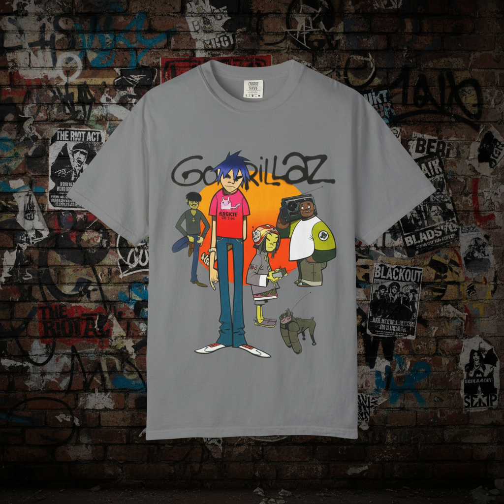 Gorillaz Band T-Shirt - frontal cinzenta fundo rock