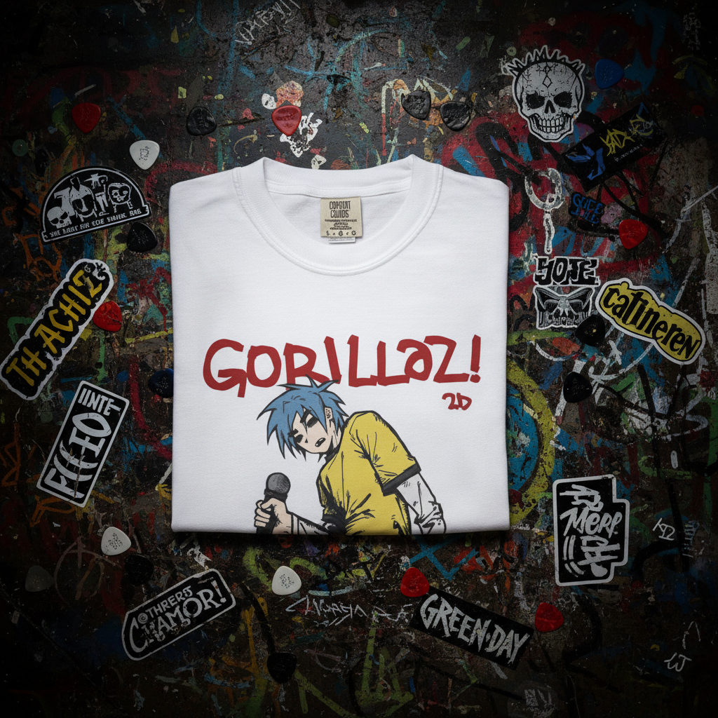 Gorillaz 2D T-Shirt - flat lay branca fundo rock