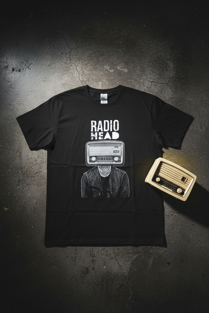 T-shirt Radiohead — flat lay rádio vintage