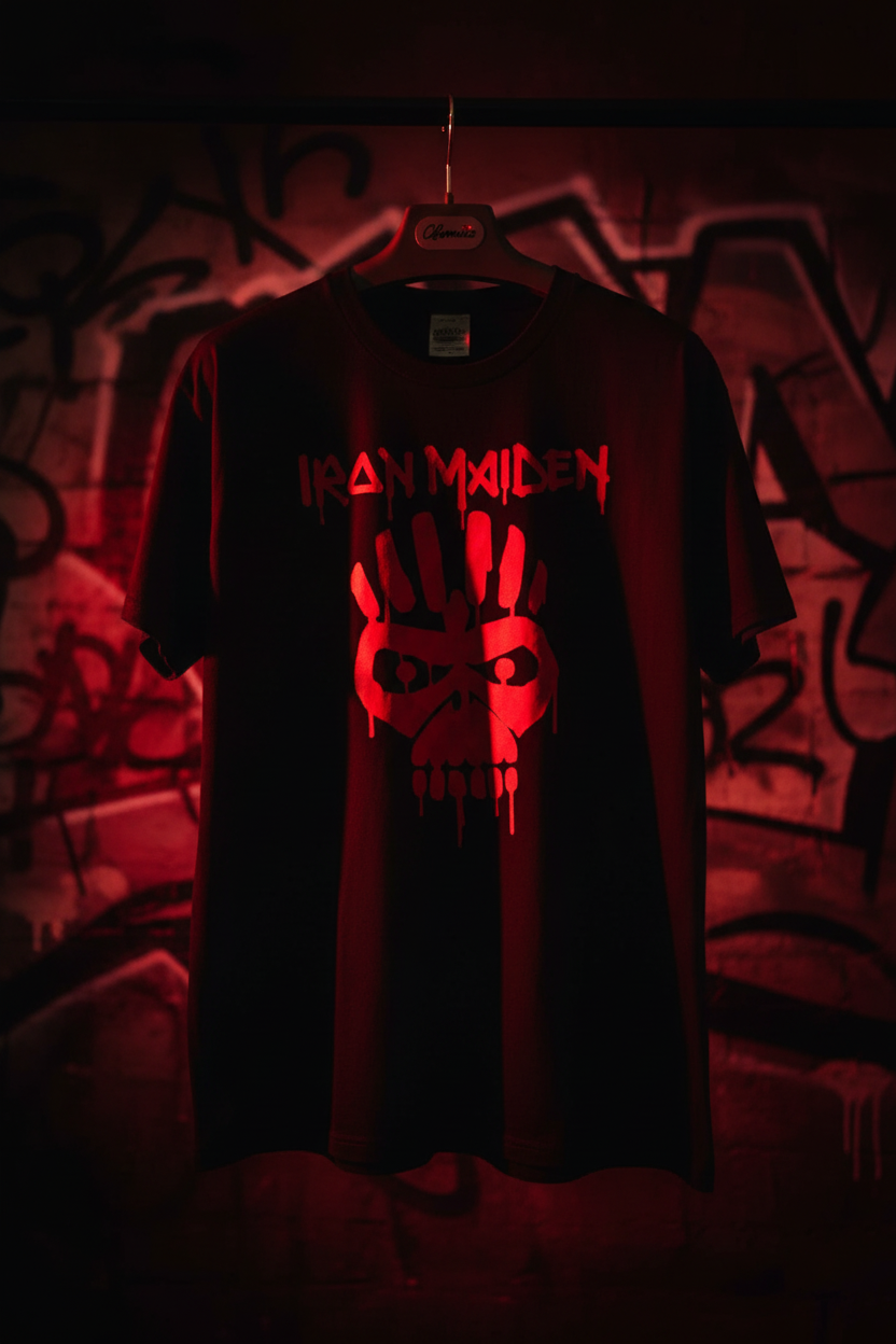 T-shirt Iron Maiden — frontal néon vermelho