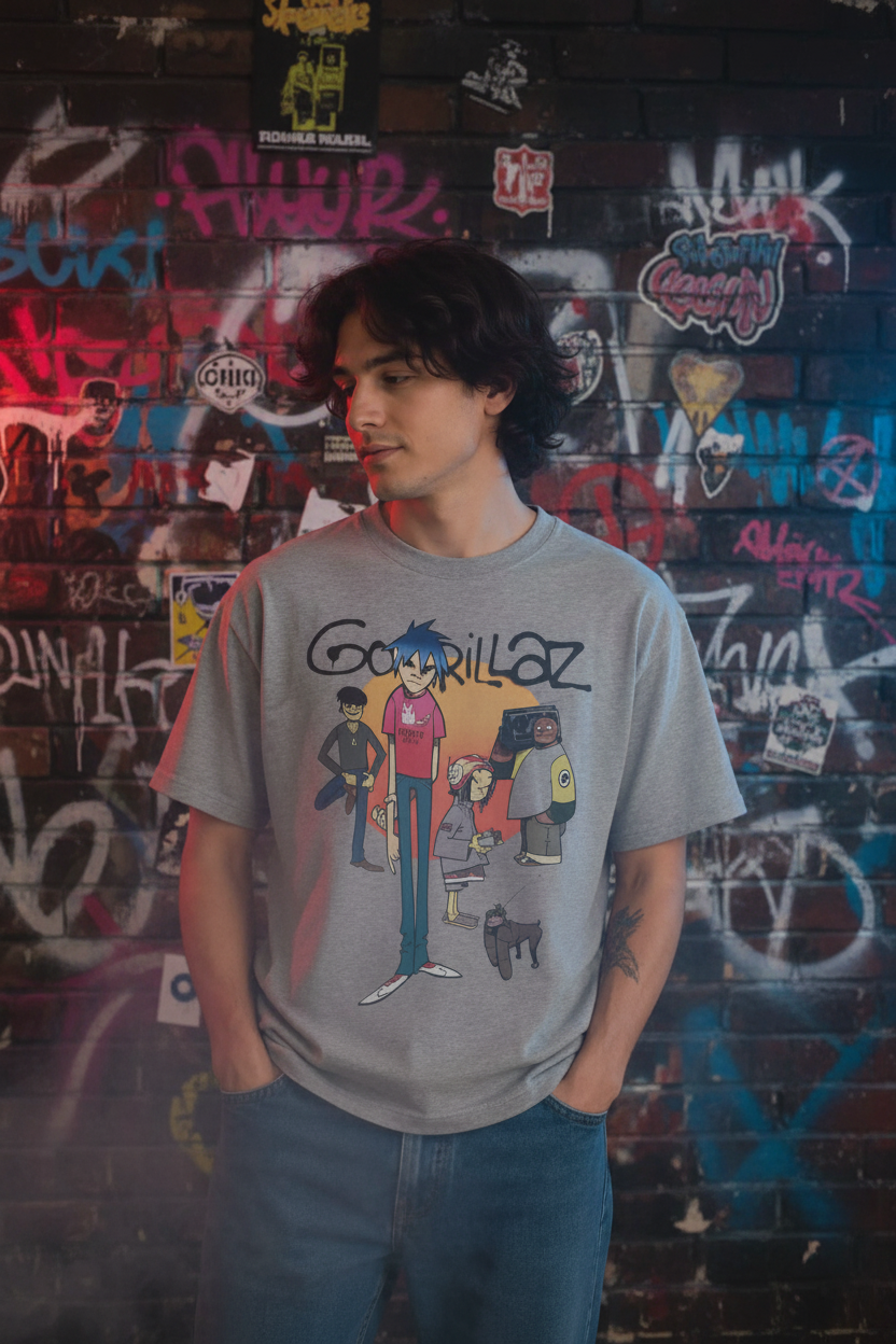 Gorillaz Band T-Shirt - pessoa cinzenta fundo rock