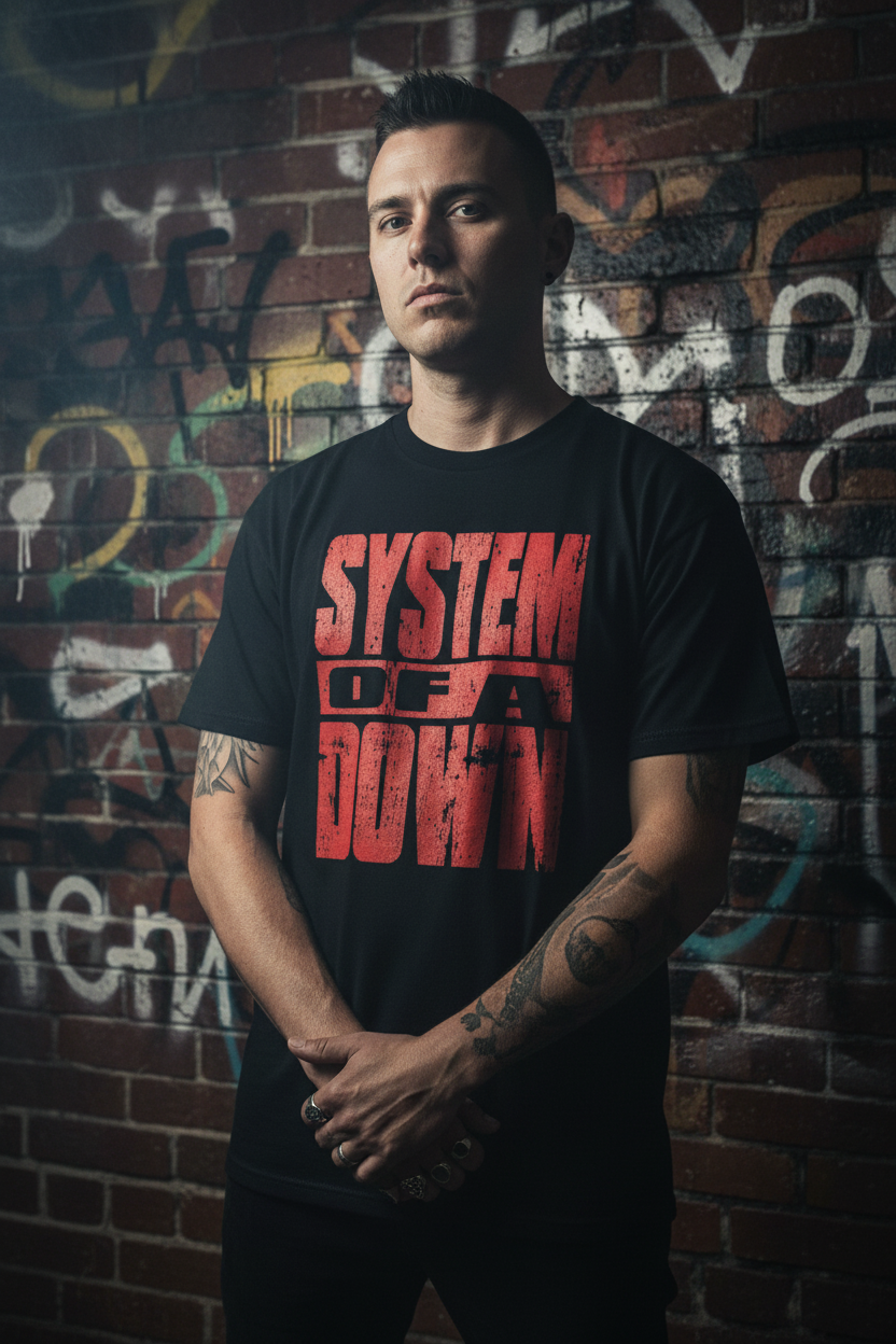 T-shirt System of a Down — fundo rock graffiti tijolo