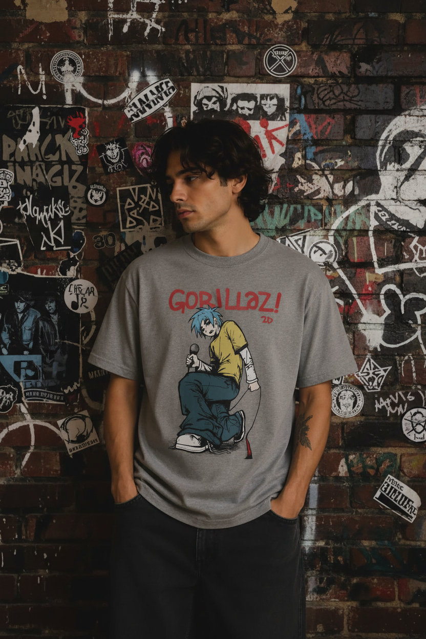 Gorillaz 2D T-Shirt - pessoa cinzenta fundo rock