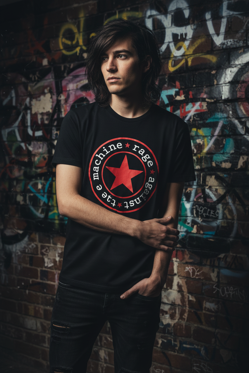 T-shirt RATM — fundo rock graffiti tijolo