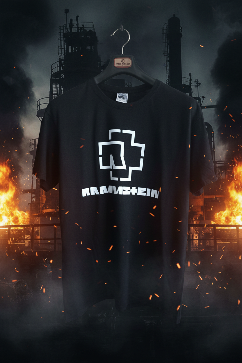 T-shirt Rammstein — fundo industrial fogo