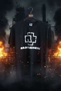 T-shirt Rammstein — fundo industrial fogo