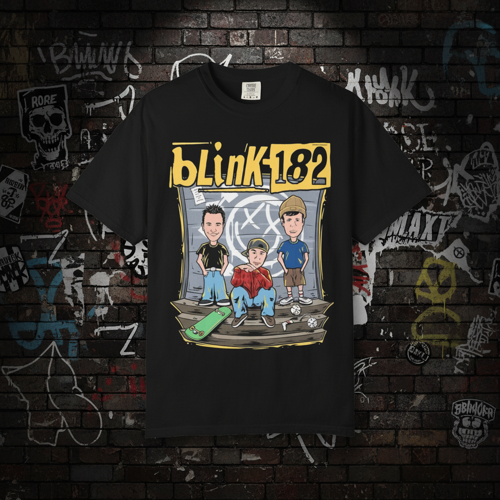 Blink-182 Cartoon Band Tee - frontal t-shirt preta fundo rock