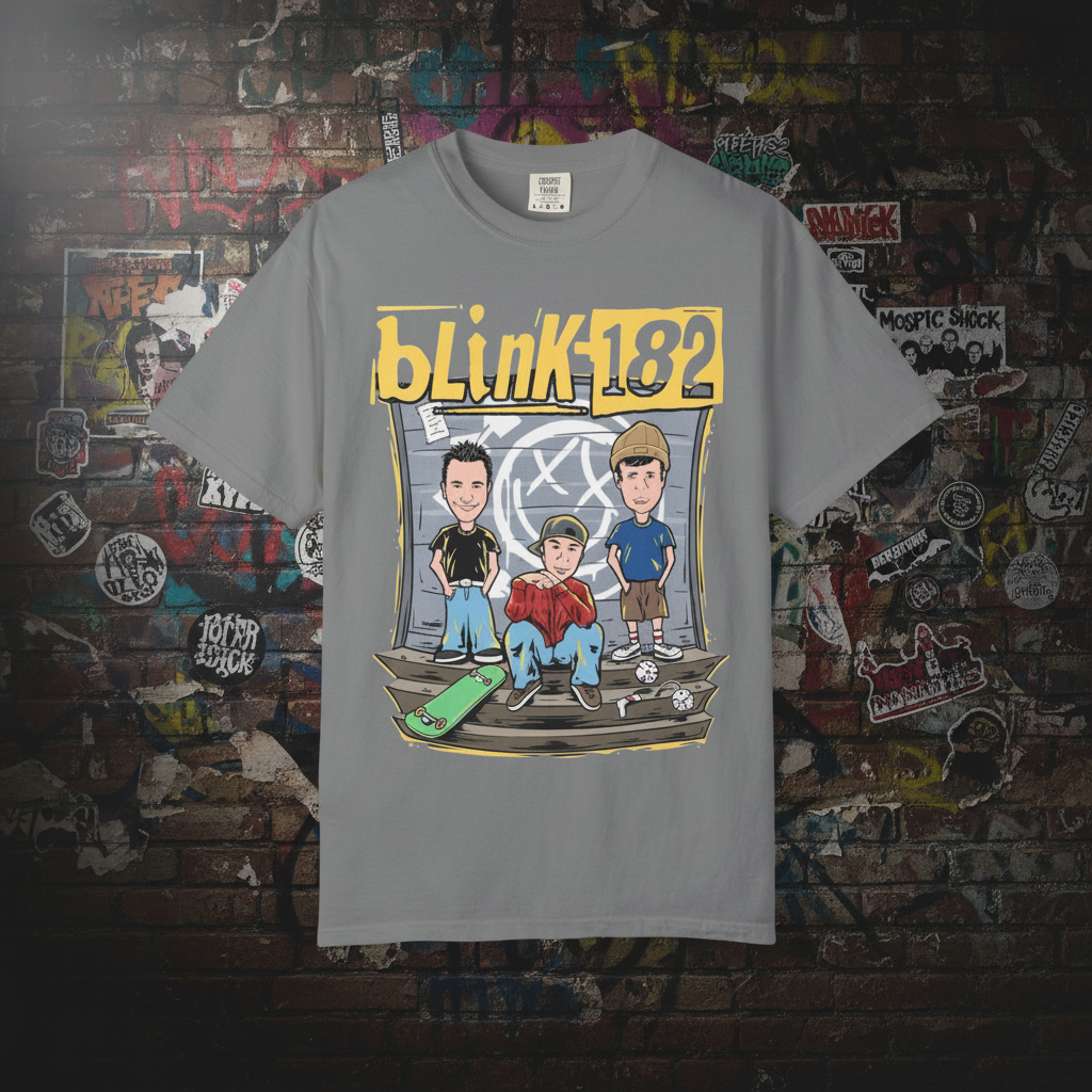 Blink-182 Cartoon Band Tee - frontal t-shirt cinzenta fundo rock