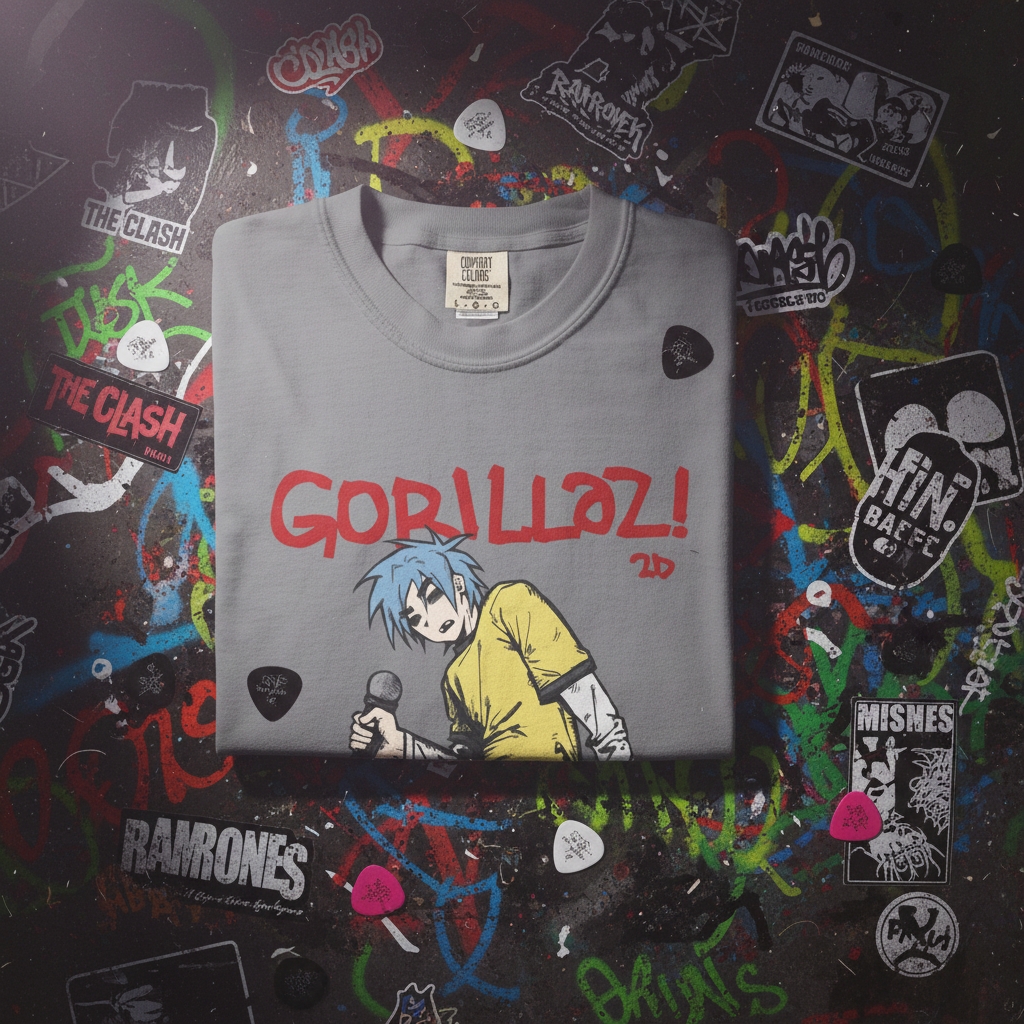 Gorillaz 2D T-Shirt - flat lay cinzenta fundo rock