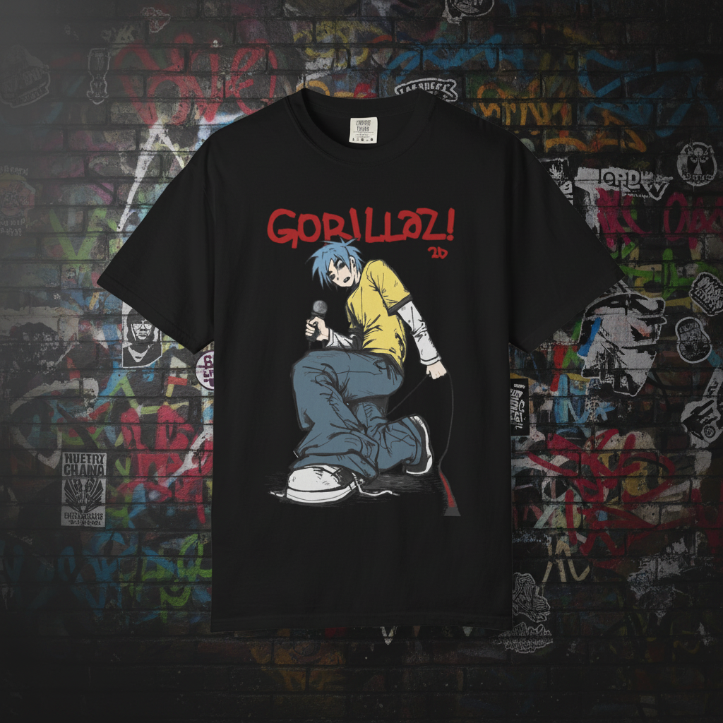 Gorillaz 2D T-Shirt - frontal preta fundo rock