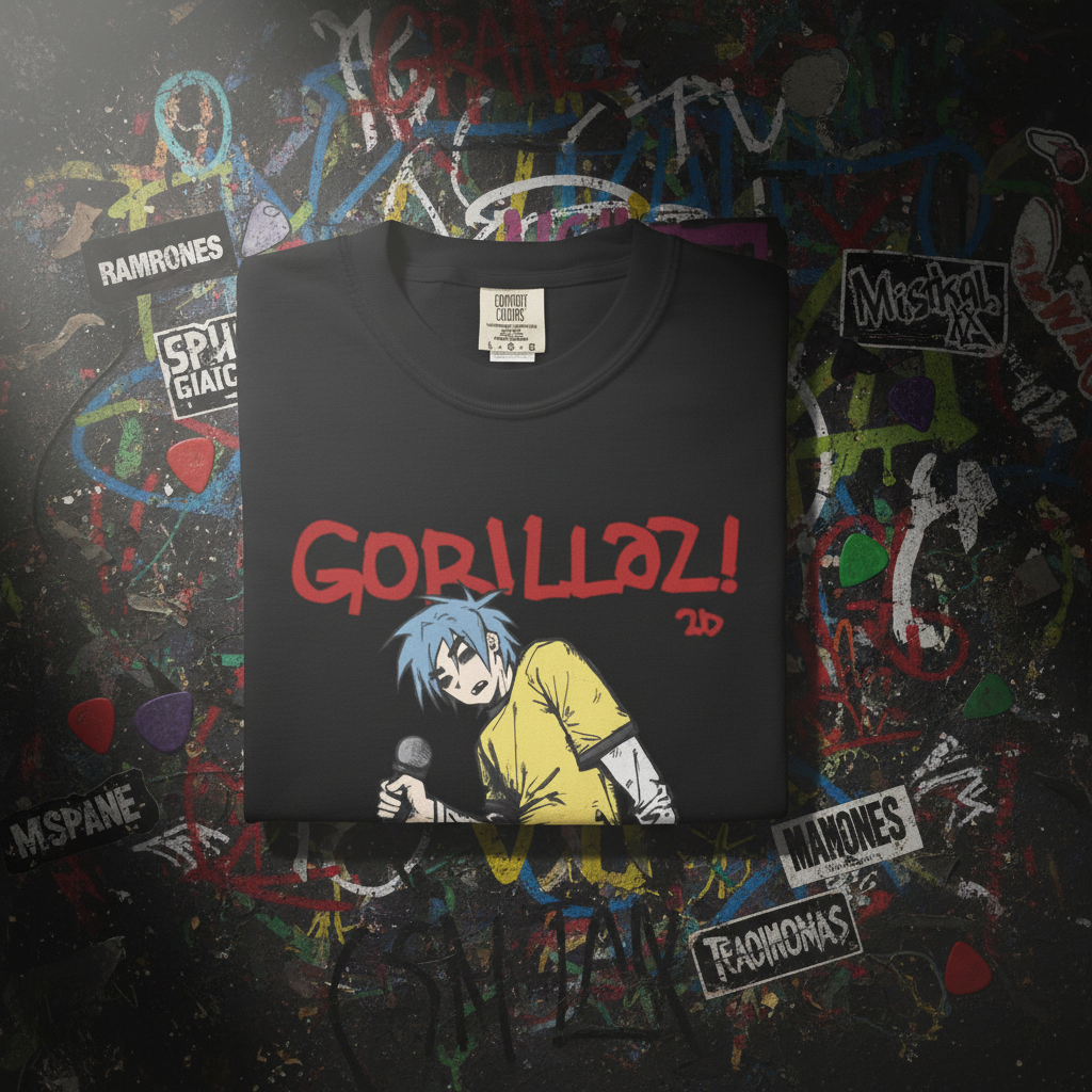 Gorillaz 2D T-Shirt - flat lay preta fundo rock