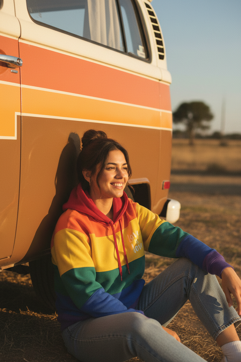 Rainbow Hoodie Sentada no Chão